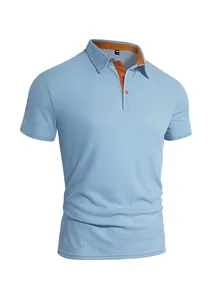 Close-up of men's ice-silk polo shirt showing blue textured fabric and orange collar detail