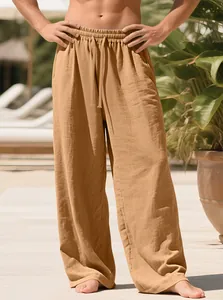 Comfortable men's loose linen casual trousers with drawstring waist in khaki tan color