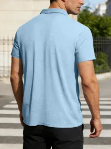 Back view of men's light blue short sleeve polo shirt showing premium textured fabric fit
