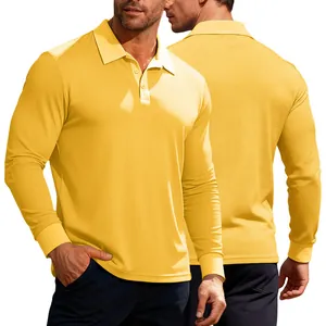 Dettaglio di una polo gialla da uomo in maglia a nido d'ape a maniche lunghe con bottoni.