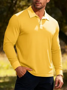 Vista dettagliata della polo da uomo gialla in maglia a nido d'ape con colletto.
