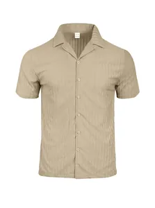 Detailed macro view of a khaki ribbed button-down short sleeve shirt with lapel collar