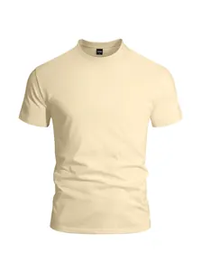 Detail view of a breathable cream-colored men's crew neck quick-dry sports t-shirt