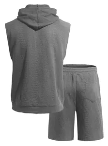 Back view of grey jacquard knit sleeveless hoodie and shorts set for men's casual wear