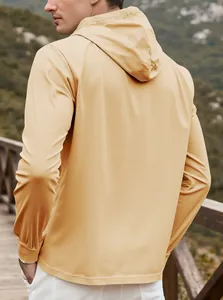 Rear view of lightweight men's outdoor hooded long-sleeve sweatshirt in sand yellow