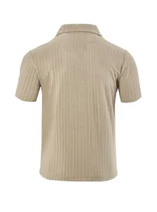 Back view of khaki men's short-sleeved polo shirt with vertical ribbed texture detail