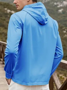 Men's light blue hooded long-sleeve sweatshirt seen from a back profile view