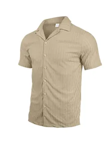 Close-up detail of khaki vertical ribbed short sleeve button-down shirt texture