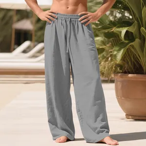 Breathable loose fit men's grey linen casual pants with adjustable drawstring waist