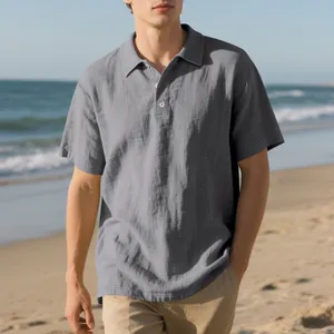 Polo à manches courtes gris respirant pour hommes avec col boutonné décontracté