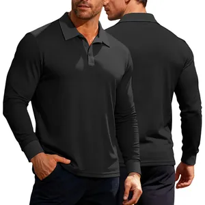 Vista dettagliata del davanti e del retro della polo a maniche lunghe in maglia waffle nera.