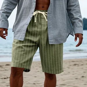 Men's olive green vertical striped linen-look shorts for summer beach vacation wear