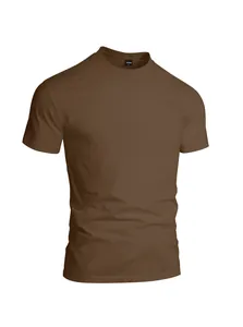 Front view detail of brown men's quick-dry sports t-shirt with round neck and smooth fabric