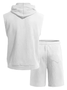 Back view of men's white jacquard knit sleeveless hoodie and matching shorts set
