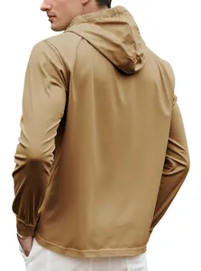 Rear view of a men's solid khaki hooded long-sleeve sweatshirt in a casual style