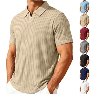 Men's summer casual ribbed polo shirt with vertical jacquard texture in multiple colors.