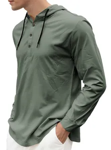 Detail view of men's olive green long-sleeve hooded Henley shirt with buttons