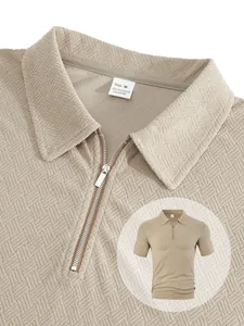 Detailed view of men's polo shirt featuring jacquard texture and premium silver quarter-zipper