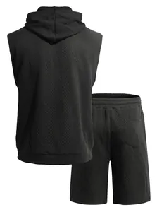 Back view of men's black jacquard knit sleeveless hooded vest and shorts sports set