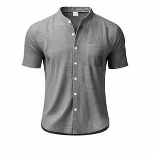 Men Summer Casual Linen Blend Shirt Short Sleeve Stand Collar Solid Color Button Down Beach Top Relaxed Fit Fashion Shirt