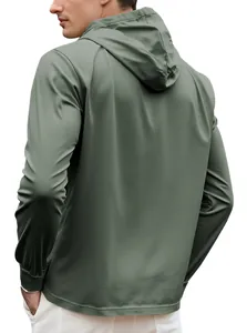 Back view detail of sage green hooded long-sleeve shirt for men in lightweight fabric