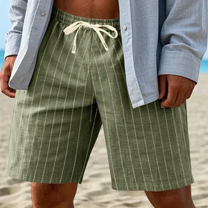 Men's casual green vertical striped linen-look summer shorts with adjustable drawstring