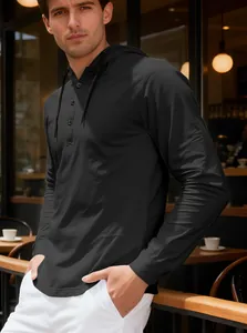 Detailed close-up of premium men's black long-sleeved hooded Henley sweatshirt