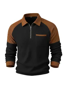 Men's casual waffle knit polo shirt with half-zip closure and contrast collar detail