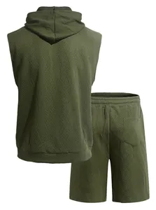Back view of men's olive green jacquard knitted hooded sleeveless vest and shorts set