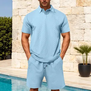 Ensemble polo à manches courtes et short en jacquard bleu clair pour homme en été