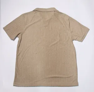 Back view of a premium beige men's short sleeve shirt with vertical jacquard texture