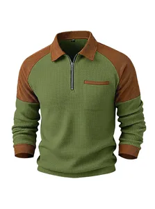 Close-up detail of the waffle knit texture and contrast collar on men's sweatshirt