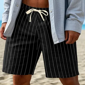 Men's black pinstripe drawstring beach shorts with a loose casual fit and linen texture