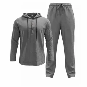 Ensemble Décontracté en Mélange de Lin pour Hommes Top And Bottom Couleur Unie Haut à Capuche et Pantalon pour Vacances
