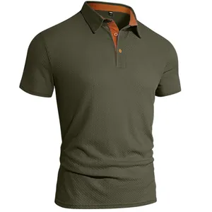 Men's olive green textured short sleeve polo shirt with contrast orange collar