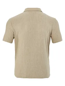 Detailed back view of men's summer beige towel jacquard striped short sleeve casual shirt