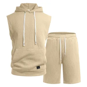 Detail view of men's jacquard knit sleeveless hoodie and shorts two-piece set