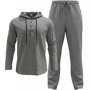 Ensemble décontracté en lin deux pièces pour homme avec chemise à capuche et pantalon gris