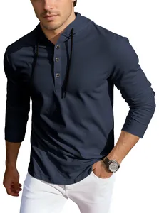 Close-up view of a men's navy blue long sleeve hooded Henley shirt with buttons