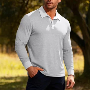 Polo da uomo casual a maniche lunghe in maglia a nido d'ape con colletto bianco a contrasto.