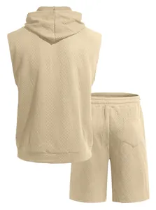 Back view of men's beige sleeveless knit hoodie and shorts with textured pattern