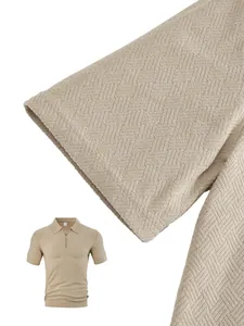 Detailed close-up showing the unique textured jacquard fabric of a beige men's zipper polo
