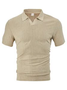 Detail view of men's summer khaki striped knit polo shirt showing jacquard texture