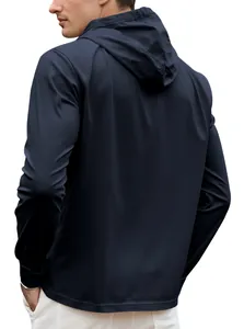 Rear view of a premium dark navy blue hooded sweatshirt for men featuring a slim fit