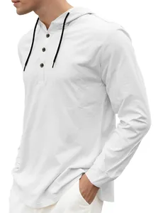 Detail of white long-sleeve Henley hoodie with buttons and black drawstrings