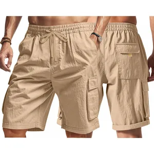 Gedetailleerde voor- en achterkant weergave van ademende kaki cargoshorts voor heren