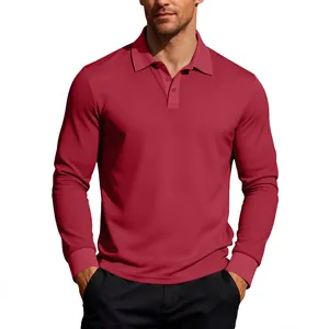 Polo da uomo a manica lunga in maglia a nido d'ape rosso scuro con abbottonatura classica