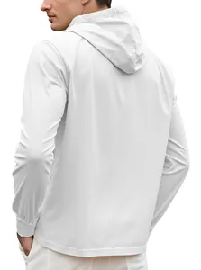 Rear view detail of a lightweight white men's long-sleeve hooded pullover jacket