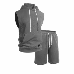 Men Casual Jacquard Knit Top And Bottom Sleeveless Hooded Tank Top With Matching Shorts Athletic Sport Set For Summer