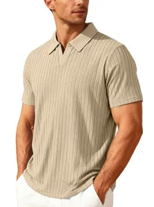 Detailed view of men's casual breathable beige jacquard ribbed short sleeve polo shirt